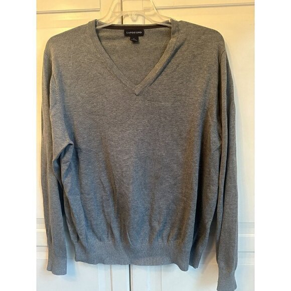 Lands End V Neck Sweater Mens Large Gray Pullover Wool 100% Supima Baumwoole - Picture 1 of 5